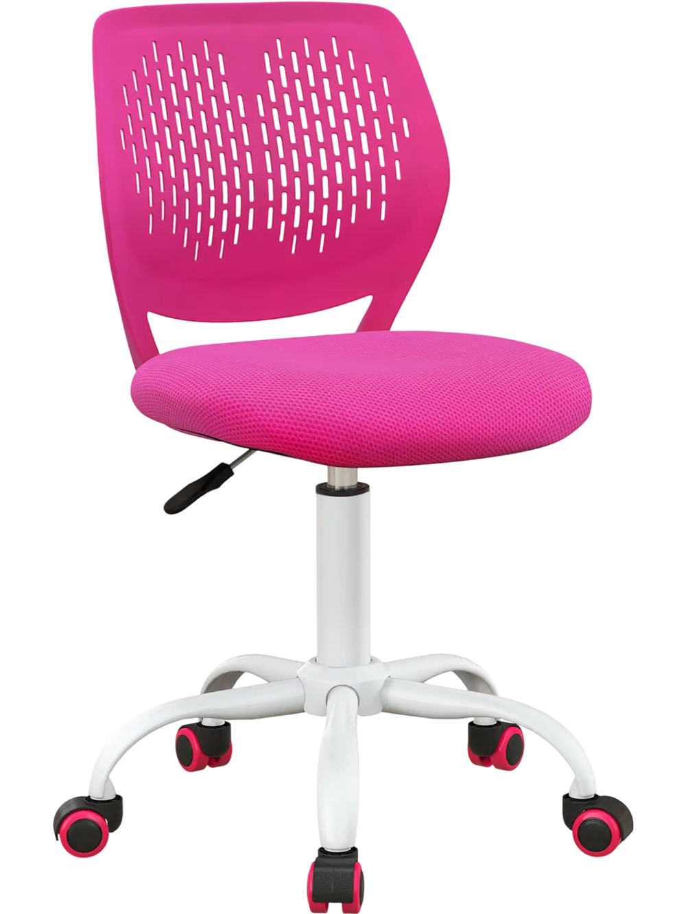 Ergonomic pink children’s study chair with adjustable height, breathable mesh, and smooth-rolling casters for easy.