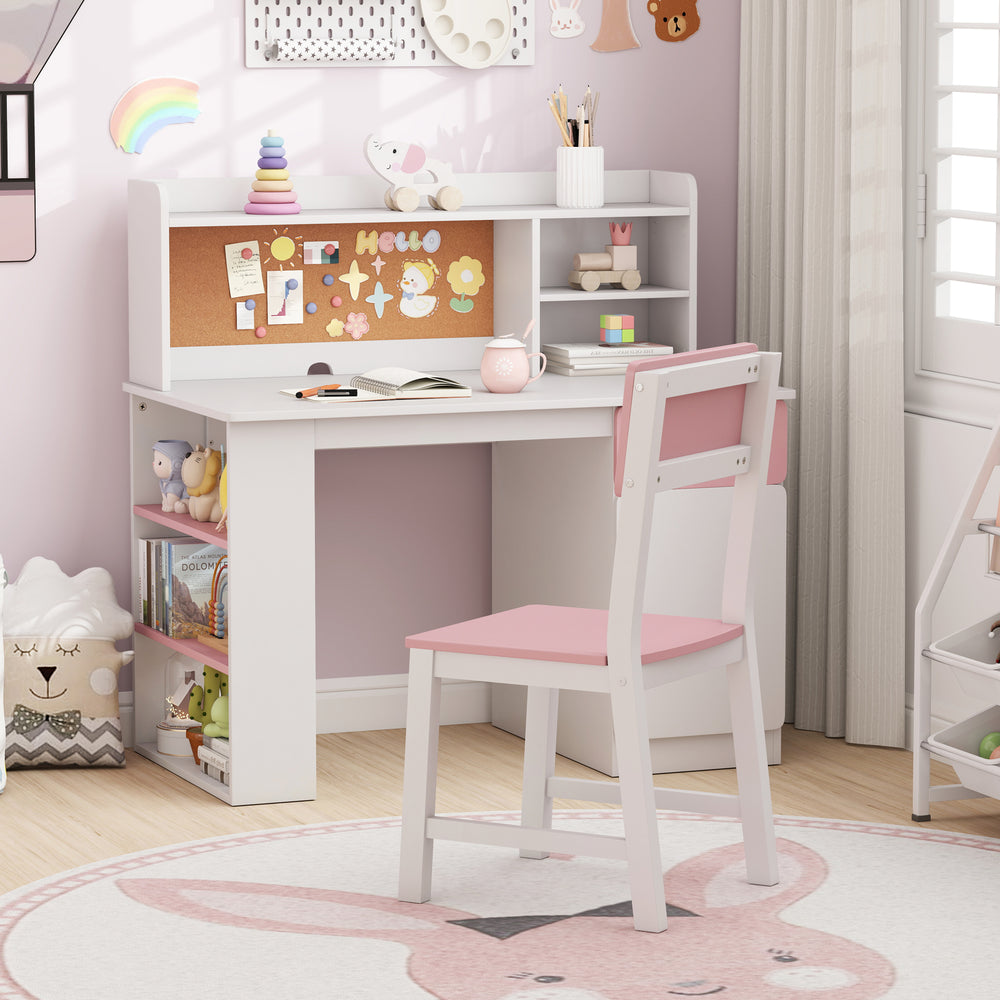 Kids Desk and Chair Set with Hutch and 3-Layer Side Shelf-Pink - Gallery View 1 of 11