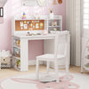 Kids desk and chair set in white with hutch, side shelf, and cork board, perfect for study and play in a child's room.