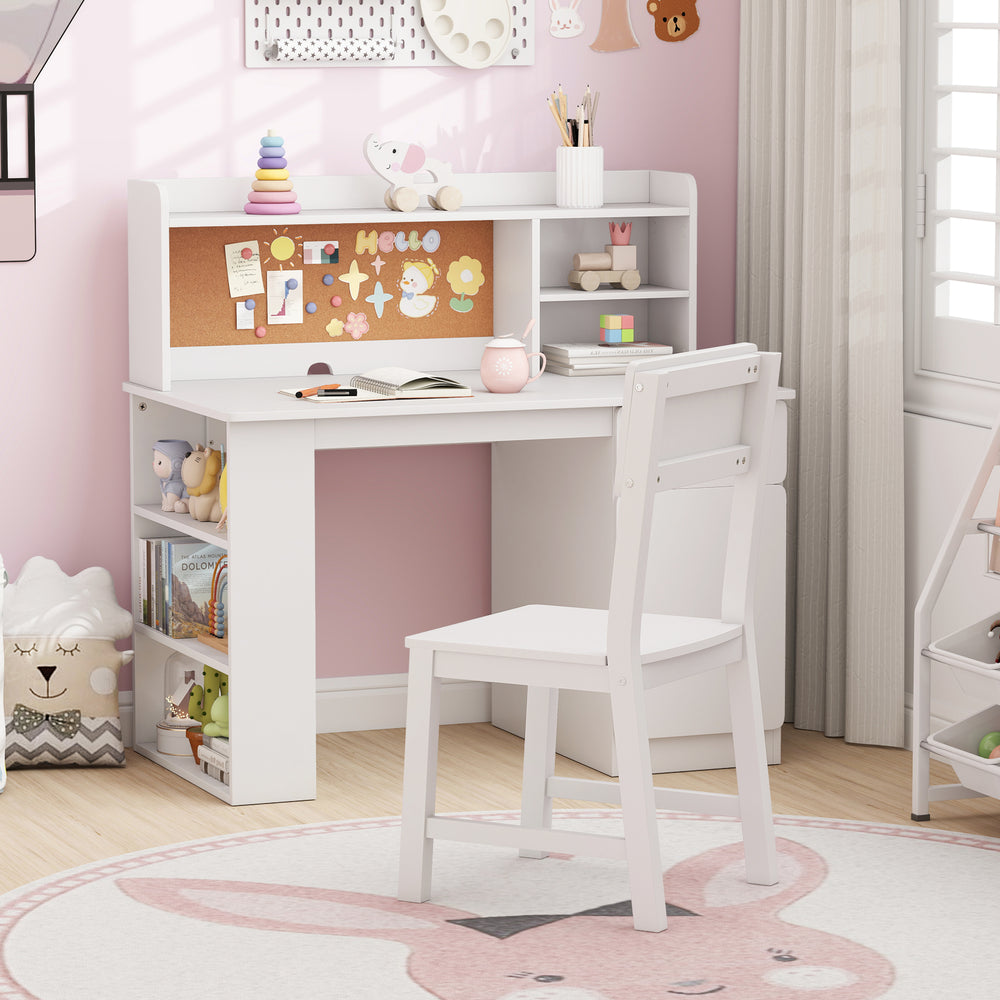 Kids Desk and Chair Set with Hutch and 3-Layer Side Shelf-White - Gallery View 1 of 11