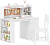 Kids desk and chair set in white with hutch, side shelf, and cork board, perfect for study and play in children's rooms.