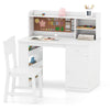 Kids desk and chair set in white with hutch, cork board, and 3-layer side shelf for organized study space.
