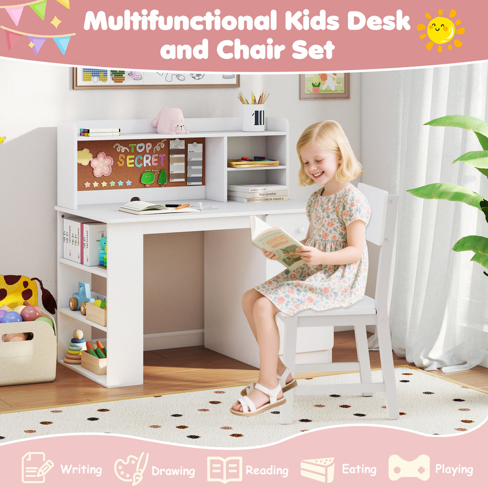 Kids desk and chair set in white with hutch, ideal for reading, writing, and drawing in a child's room.