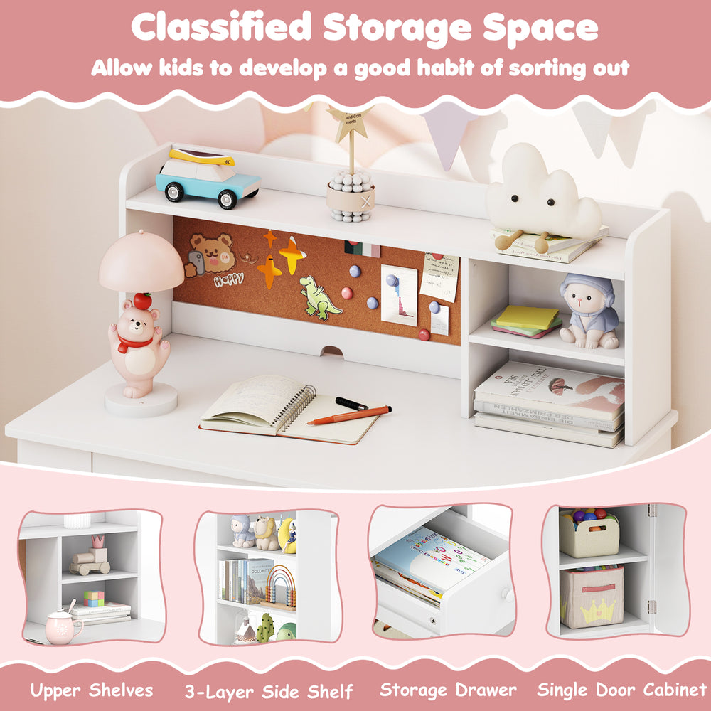 Kids desk and chair set with hutch, 3-layer side shelf, and storage drawer, perfect for organizing in a child's room.