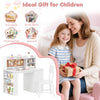 Kids desk and chair set in white with hutch, side shelf, and cork board, perfect for study rooms and play areas.