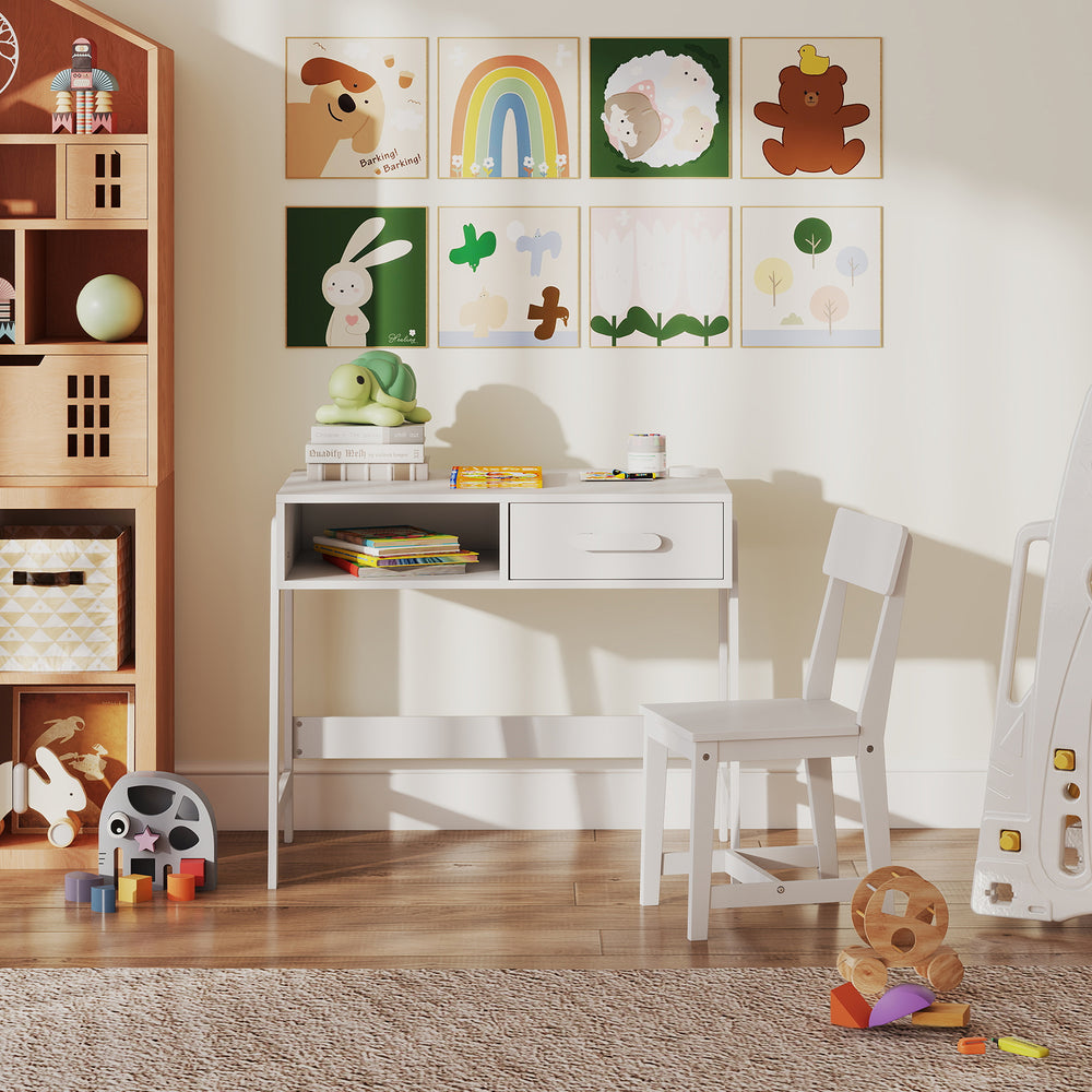 Kids Desk and Chair Set with Storage Drawer and Hutch-White - Gallery View 1 of 10