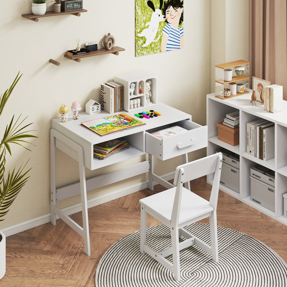 Kids desk and chair set in white with storage drawer and hutch, perfect for studying and creative activities.