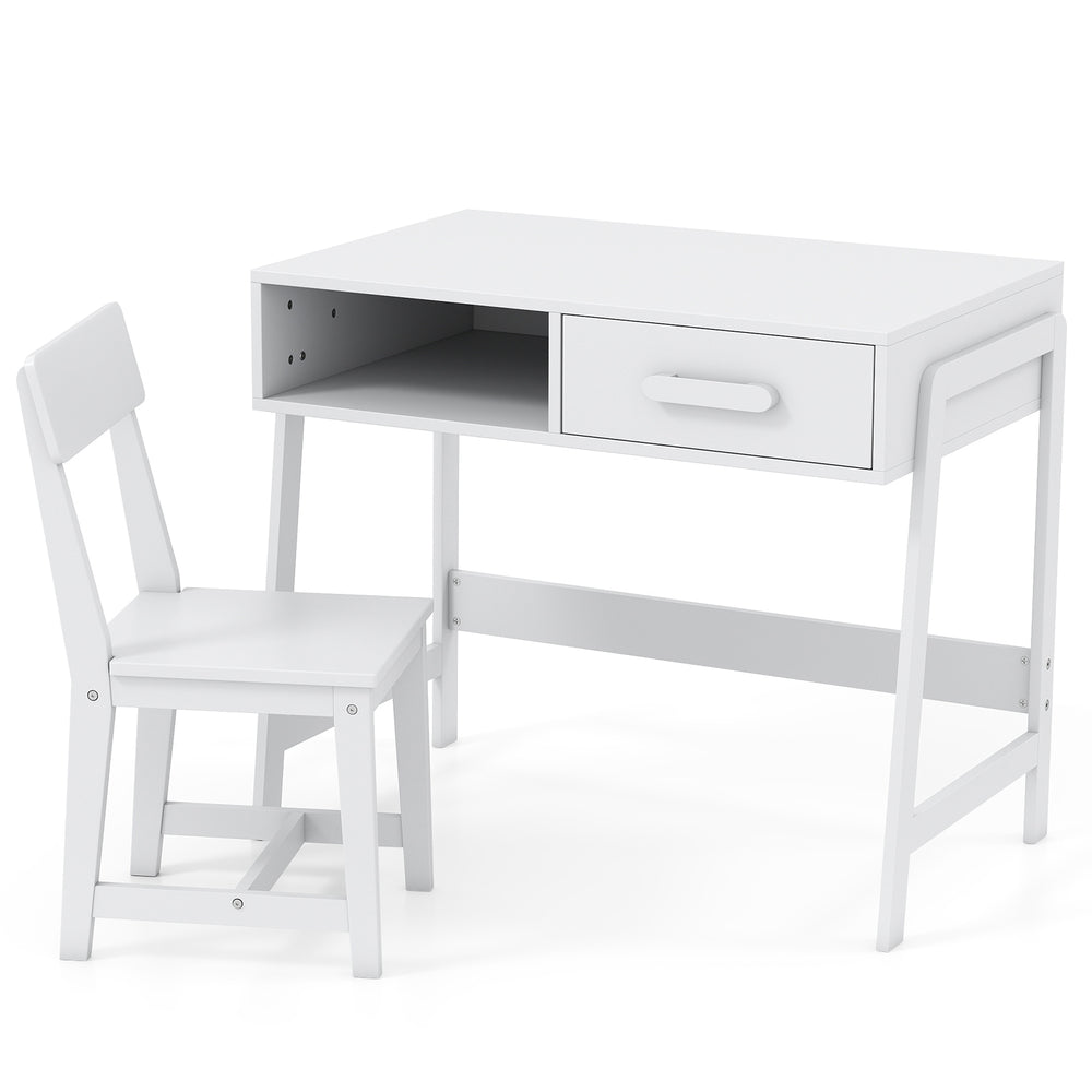 Kids desk and chair set in white with storage drawer, ideal for studying and play, featuring ergonomic design and.
