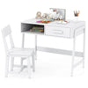 Kids desk and chair set in white with storage drawer and hutch, perfect for studying and playing.