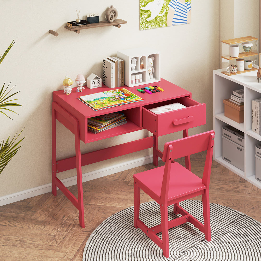 Kids Desk and Chair Set with Storage Drawer and Hutch-Pink - Gallery View 1 of 10