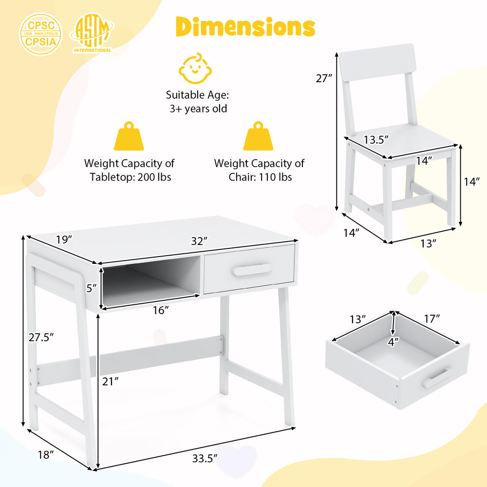 Kids desk and chair set in white with storage drawer and hutch, ideal for studying and playing, featuring ergonomic.