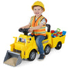 Kids digger ride-on truck in yellow with shovel, under-seat compartment, and detachable trailer for outdoor play.