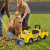 Kids digger ride-on truck in yellow with shovel and trailer, perfect for outdoor play and hauling treasures.