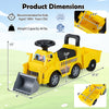 Kids digger ride-on truck with shovel, under-seat compartment, and detachable trailer for indoor and outdoor fun.
