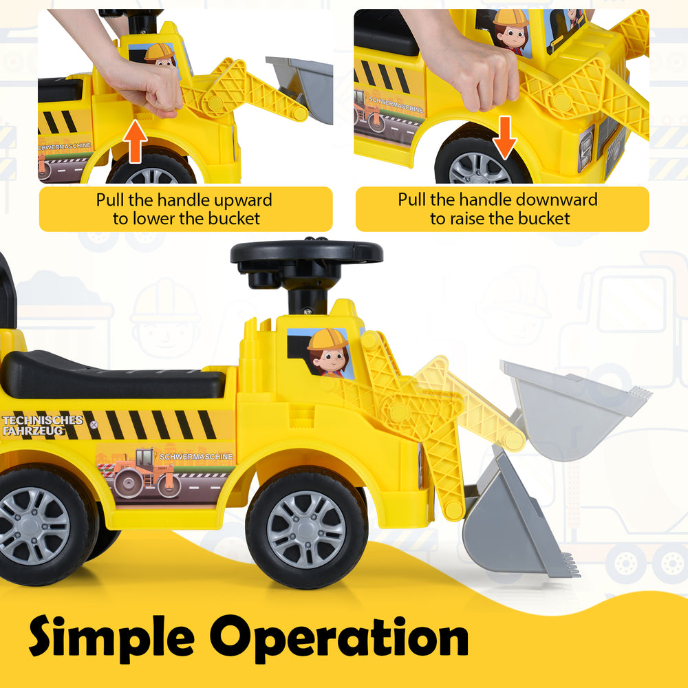 Kids digger ride-on truck showing adjustable shovel operation and under-seat compartment for toys and snacks.