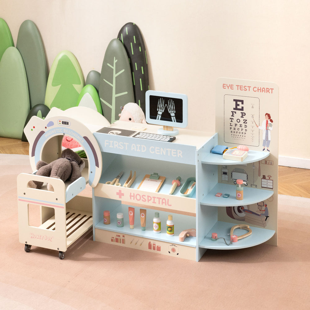 Kids doctor play set with CT machine and eye chart, featuring wooden construction and storage for pretend medical tools.