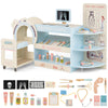 Kids doctor play set featuring a wooden hospital office kit with CT machine, eye chart, and storage trolley for.