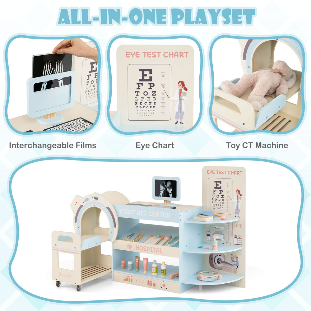 Kids doctor play set with eye chart and toy CT machine, featuring natural wood material for imaginative play and.