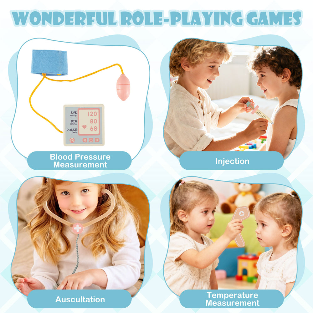 Kids doctor play set with CT machine, eye chart, and accessories for role-playing medical activities in blue.
