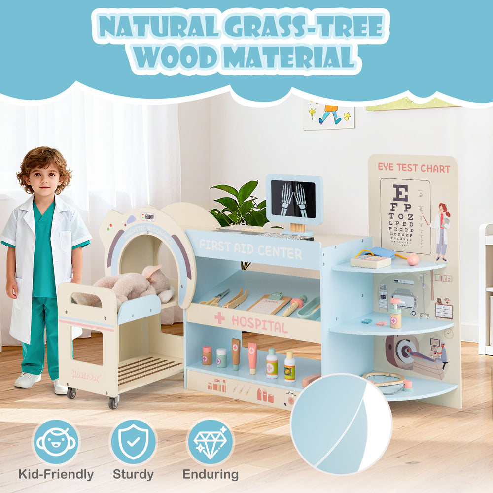 Kids doctor play set in blue, featuring a CT machine, eye chart, and natural grass-tree wood for sturdy, kid-friendly.