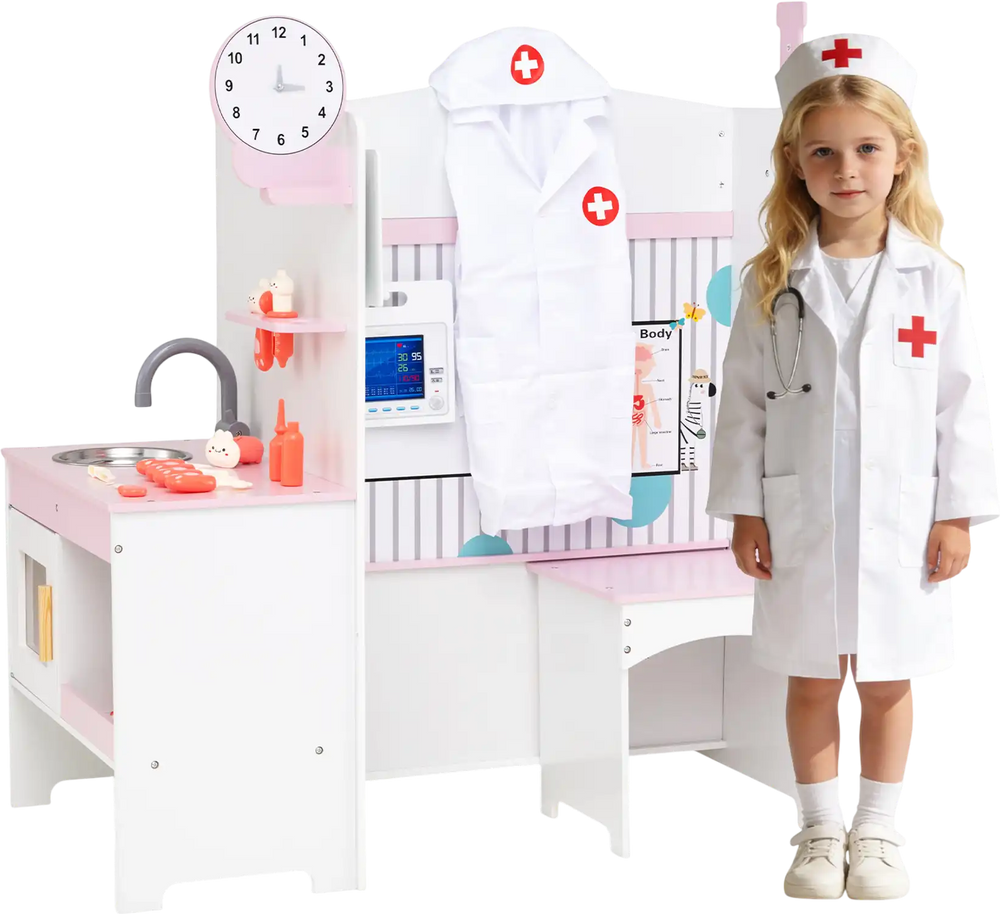 Kids doctor play set in pink with adjustable height bar, sink, and 27 accessories for imaginative role-play.