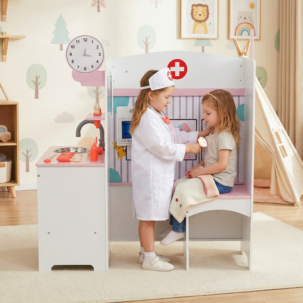 Kids doctor play set in pink featuring adjustable height bar, sink, and accessories for imaginative role-play.