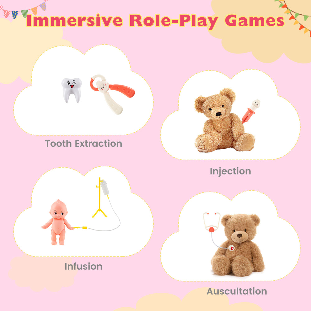 Kids doctor play set featuring tooth extraction and injection accessories, designed for immersive role-play fun.