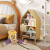 House-shaped bookshelf for kids with ample storage, solid wood legs, and a cute dollhouse design, perfect for playrooms.