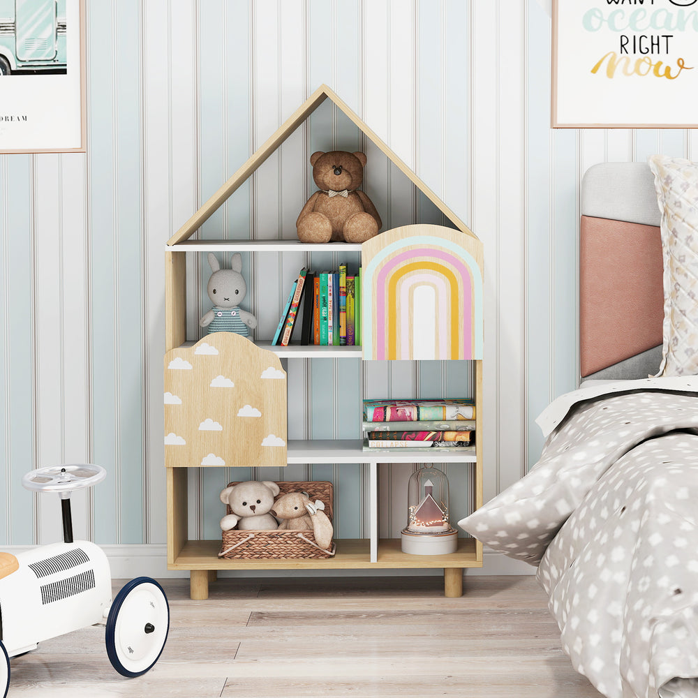 House-shaped kids bookshelf with natural wood finish, featuring open storage and a cute design for toy organization.