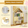 House-shaped kids bookshelf with solid pine wood legs, anti-tipping device, ideal for toy storage in children's rooms.