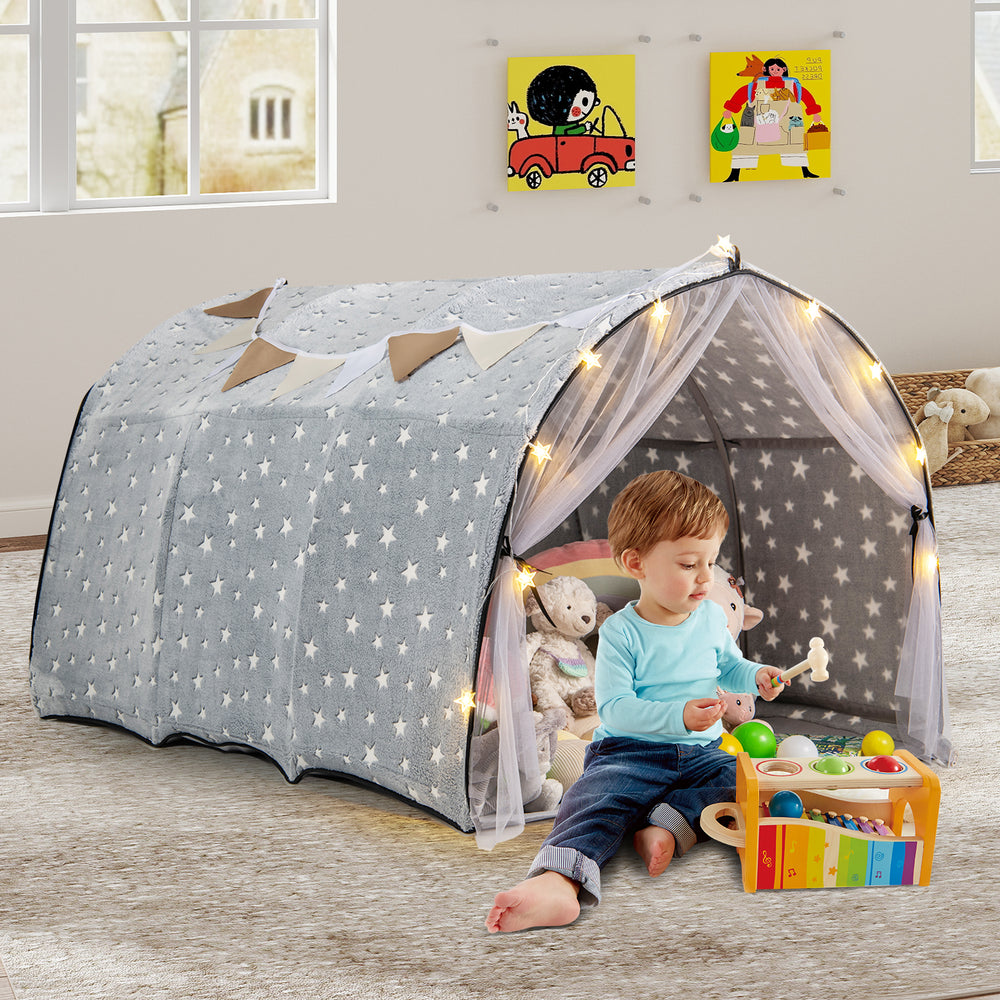 Kids Dream Bed Tent Twin Bunk Bed with Glow in the Dark Stars and Lights-Gray - Gallery View 1 of 11