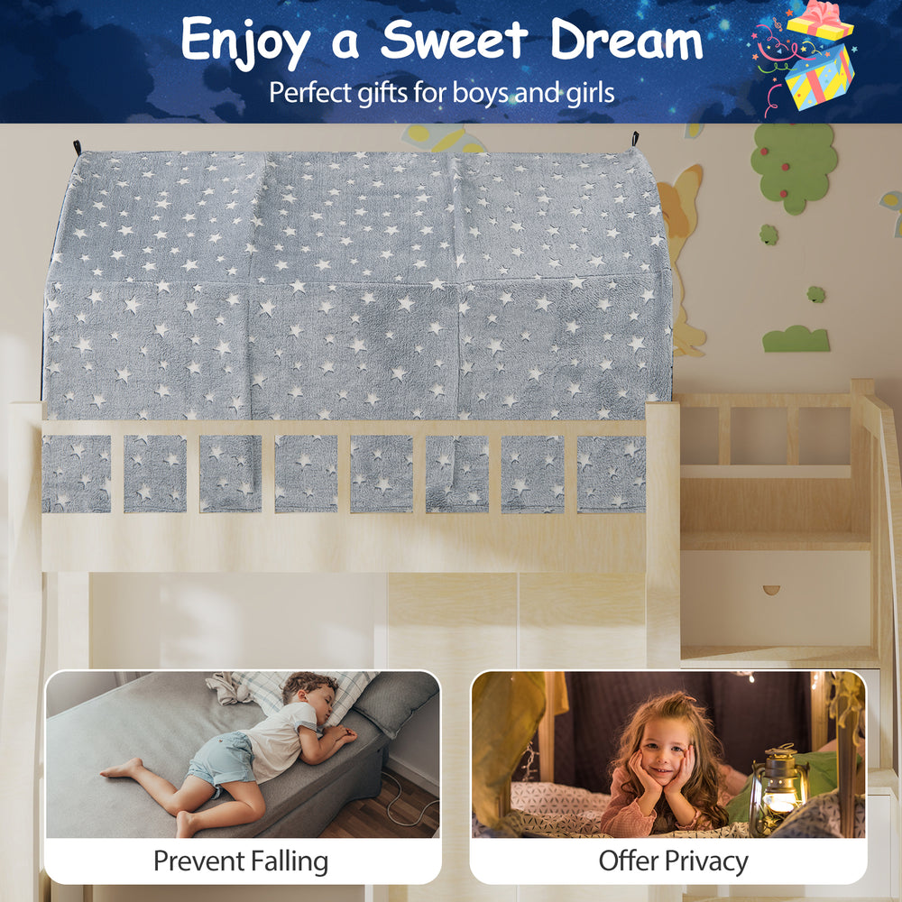 Kids Dream Bed Tent in gray with glow-in-the-dark stars, providing privacy and preventing falls for twin bunk beds.