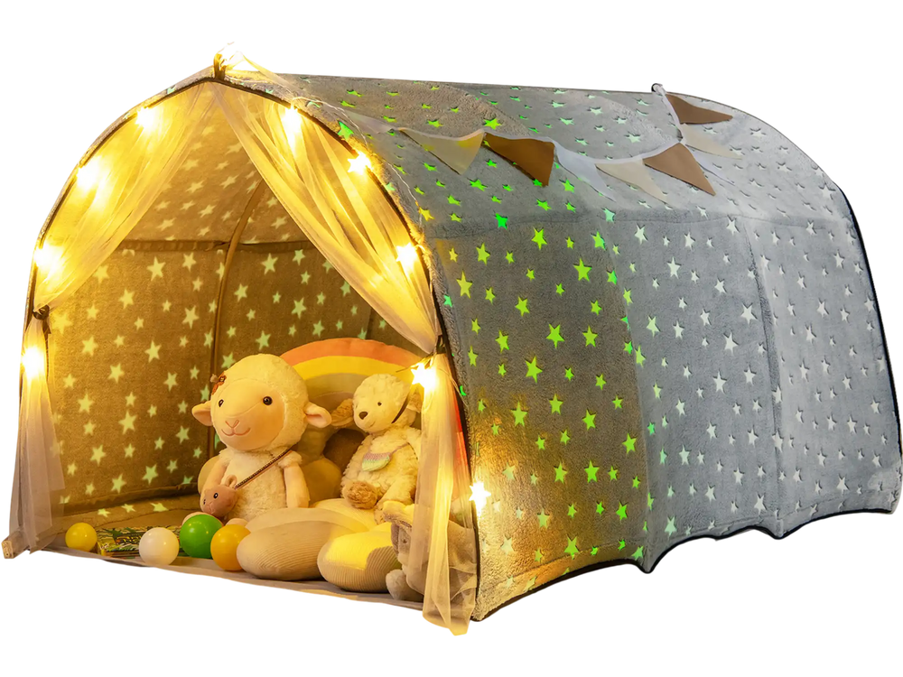 Kids Dream Bed Tent in gray with glow-in-the-dark stars, featuring soft flannel fabric and decorative lights for.