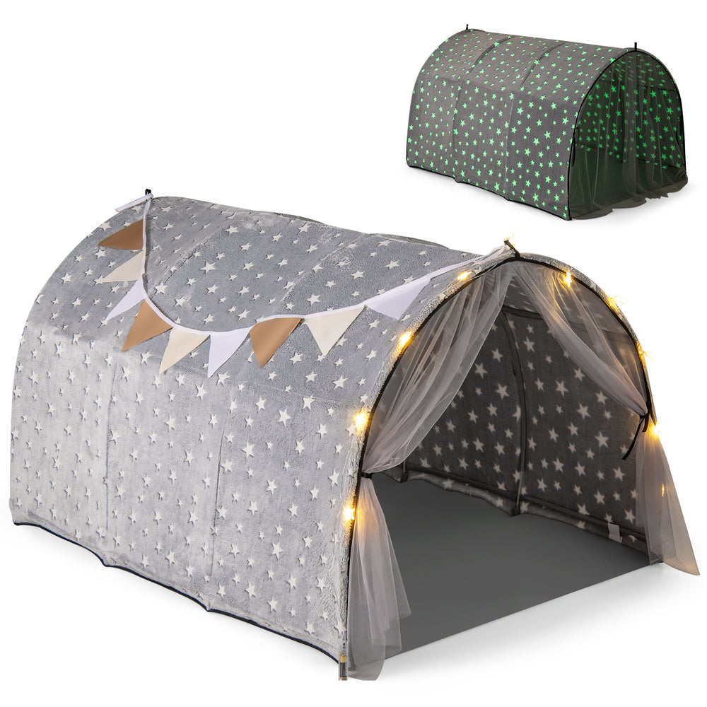 Kids Dream Bed Tent in gray with glow-in-the-dark stars, lights, and flag banner, perfect for sleep and play.