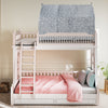 Twin bunk bed with gray tent featuring glow-in-the-dark stars, soft flannel fabric, and a charming design for kids.