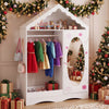 Kids dress-up storage wardrobe with roof design, open hanging rack, and full-length mirror for organizing clothes.