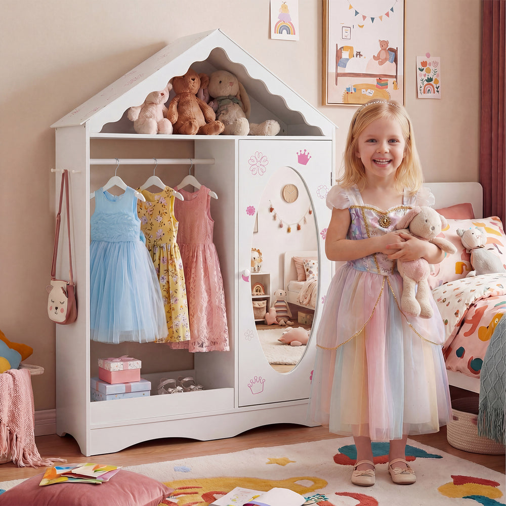 Kids Dress Up Storage with Mirror Roofed Wardrobe Closet with Open Hanging Rack-White - Gallery View 1 of 10