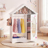 Kids dress-up storage wardrobe with roof design, open hanging rack, and full-length mirror in white for organized play.