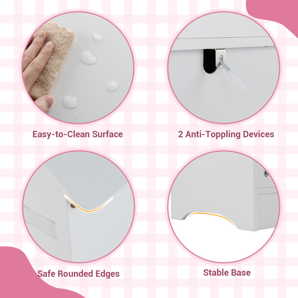 Close-up of the easy-to-clean surface of the white kids dress-up storage wardrobe with rounded edges for safety.