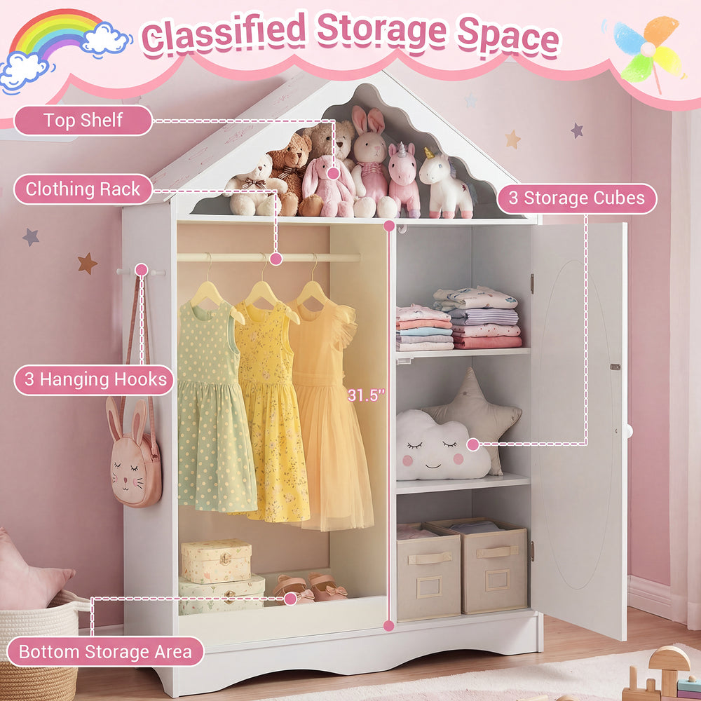Kids wardrobe closet with roof design, open hanging rack, and storage cubes for organizing clothes and toys.
