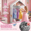 Kids dress-up storage wardrobe with mirror, open hanging rack, and charming roof design for organized playtime.