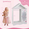 Front view of the kids dress-up storage wardrobe with a charming roof design, open hanging rack, and a full-length.