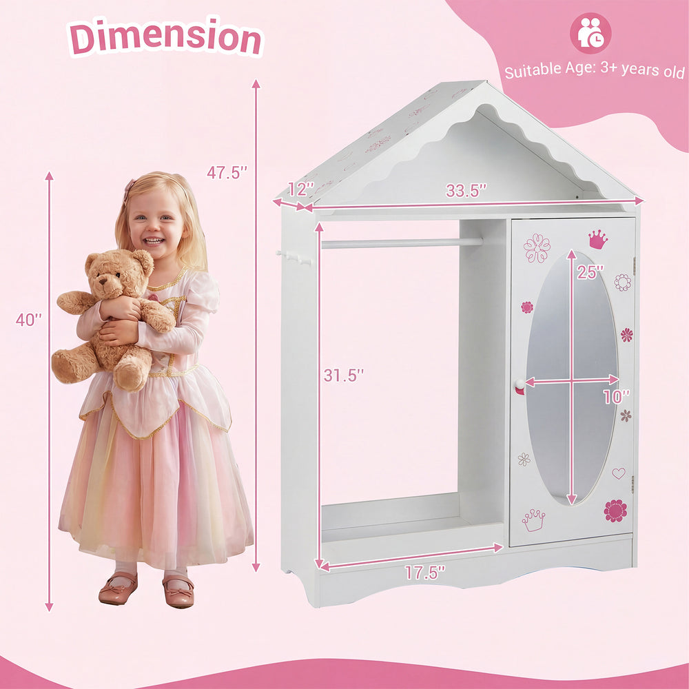 Front view of the kids dress-up storage wardrobe with a charming roof design, open hanging rack, and a full-length.