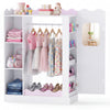 Kids dress-up storage unit in pink with hanging rack, shelves, and full-length mirror for organized playtime.