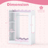 Kids dress up storage with mirrors, hanging rack, and shelves in pink, featuring dimensions for bedroom organization.
