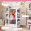 Kids dress-up storage in pink with hanging rack, mirror, and shelves, perfect for organizing toys and clothes.