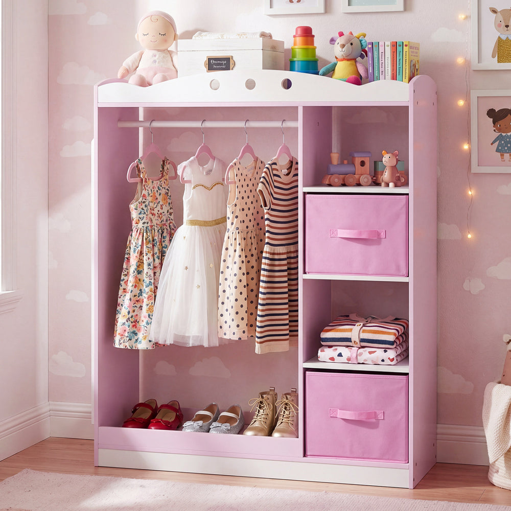 Kids dress-up storage in pink with full-length mirror, hanging rod, open shelves, and foldable drawers for ample.