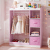Kids dress-up storage in pink with full-length mirror, hanging rod, open shelves, and foldable drawers for ample.
