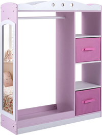 Kids dress-up storage in pink with full-length mirror, open shelves, and two foldable drawers for ample organization.