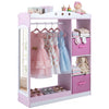 Kids dress up storage in pink with full-length mirror, hanging rod, open shelves, and foldable drawers for ample.